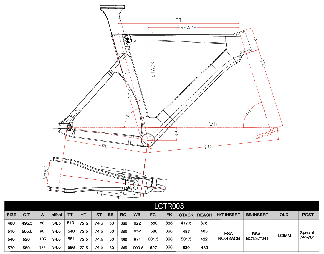 Telaio per bici da pista in carbonio Geometria LCTR003